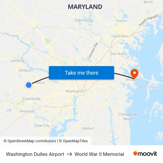 Washington Dulles Airport to World War II Memorial map