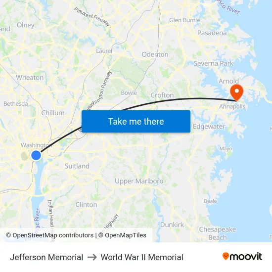 Jefferson Memorial to World War II Memorial map