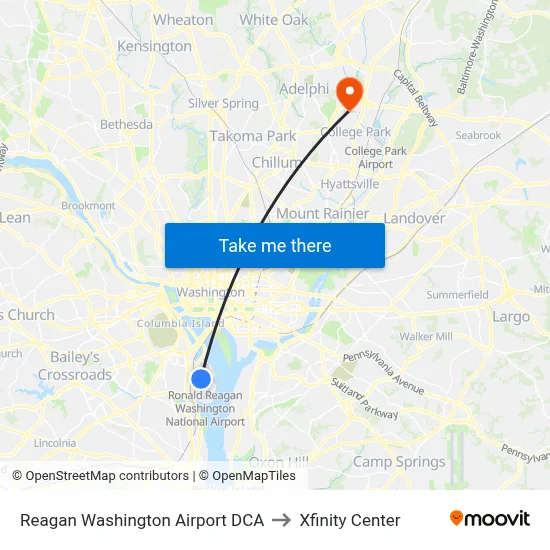Reagan Washington Airport DCA to Xfinity Center map