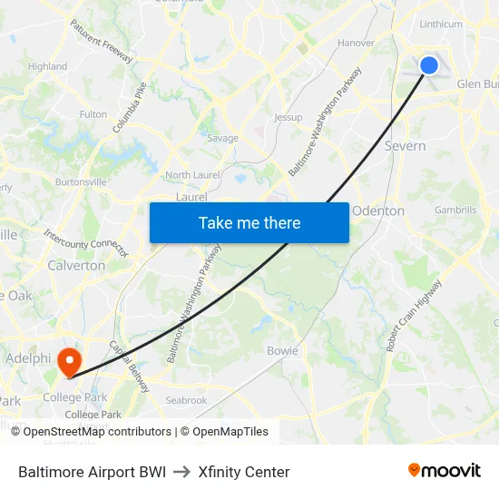 Baltimore Airport BWI to Xfinity Center map