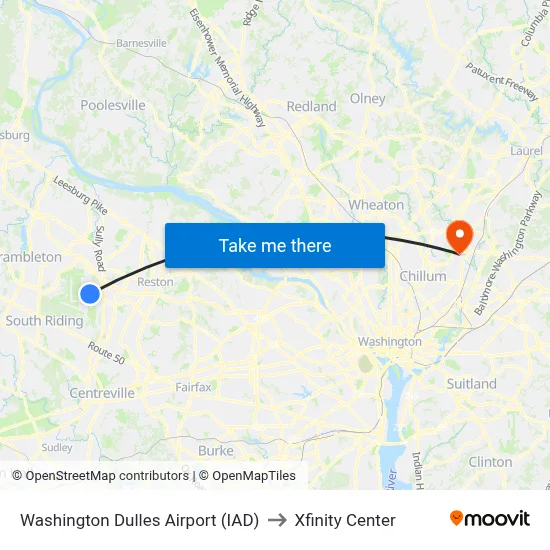 Washington Dulles Airport (IAD) to Xfinity Center map