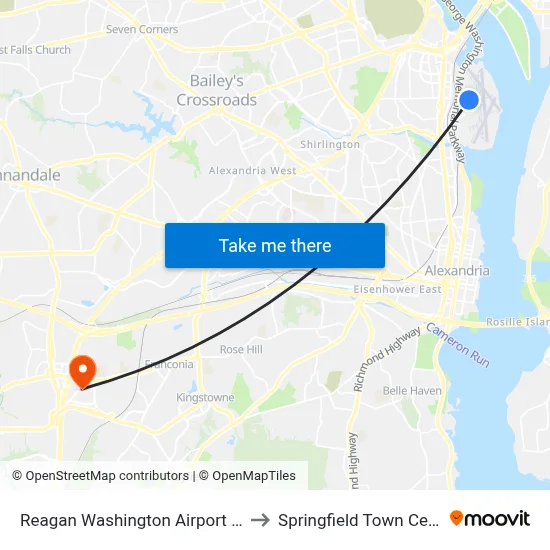 Reagan Washington Airport DCA to Springfield Town Center map