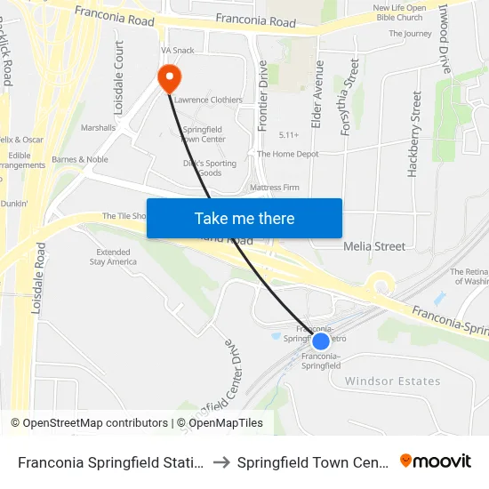 Franconia Springfield Station to Springfield Town Center map