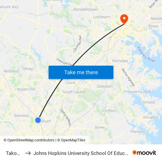 Takoma to Johns Hopkins University School Of Education map