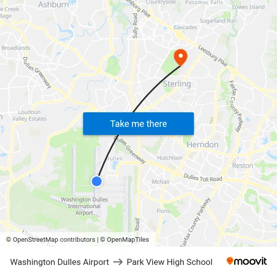 Washington Dulles Airport to Park View High School map