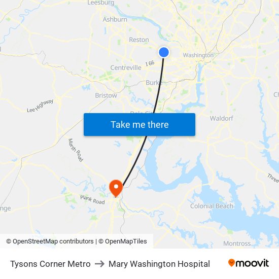 Tysons Corner Metro to Mary Washington Hospital map
