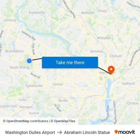 Washington Dulles Airport to Abraham Lincoln Statue map