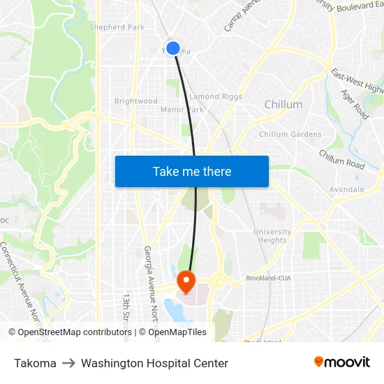 Takoma to Washington Hospital Center map