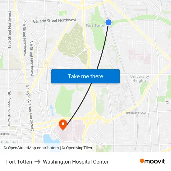 Fort Totten to Washington Hospital Center map
