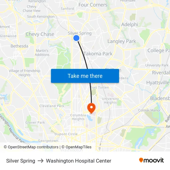 Silver Spring to Washington Hospital Center map
