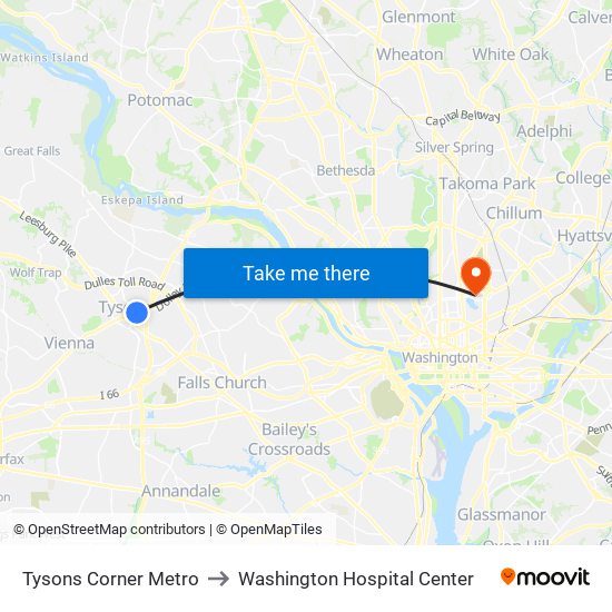 Tysons Corner Metro to Washington Hospital Center map