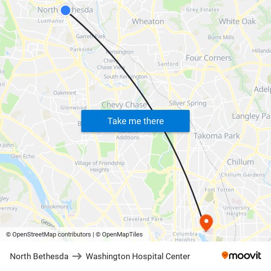 North Bethesda to Washington Hospital Center map