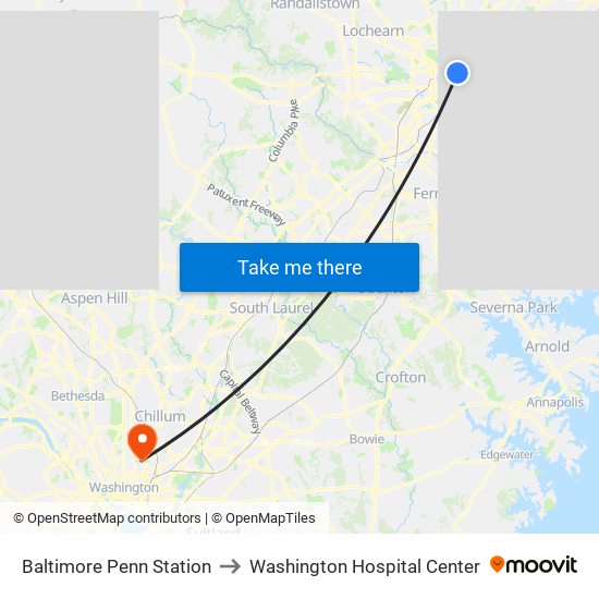 Baltimore Penn Station to Washington Hospital Center map