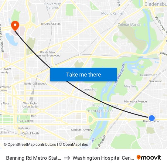 Benning Rd Metro Station to Washington Hospital Center map