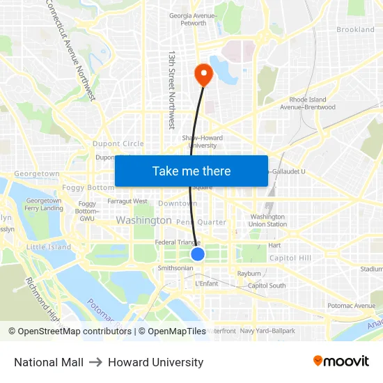 National Mall to Howard University map