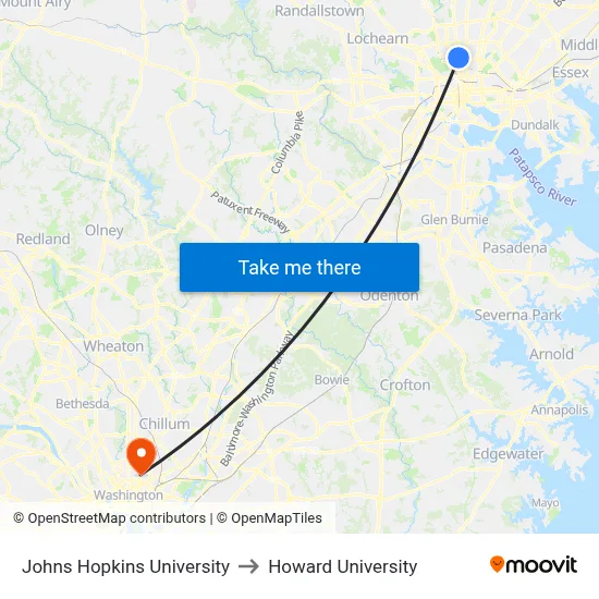 Johns Hopkins University to Howard University map