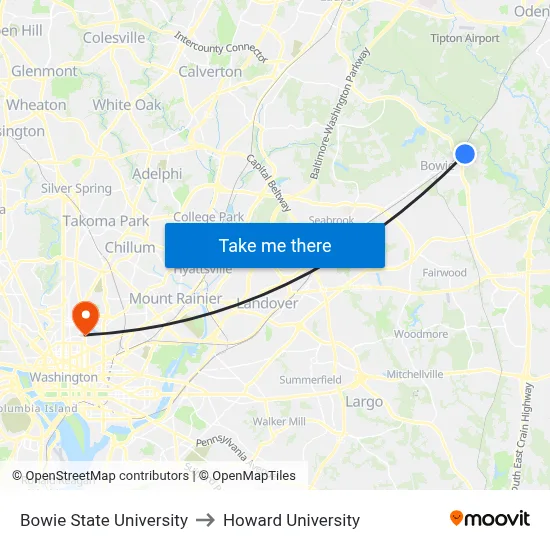 Bowie State University to Howard University map