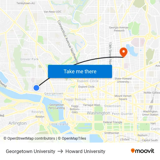 Georgetown University to Howard University map
