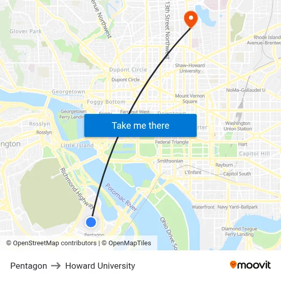 Pentagon to Howard University map