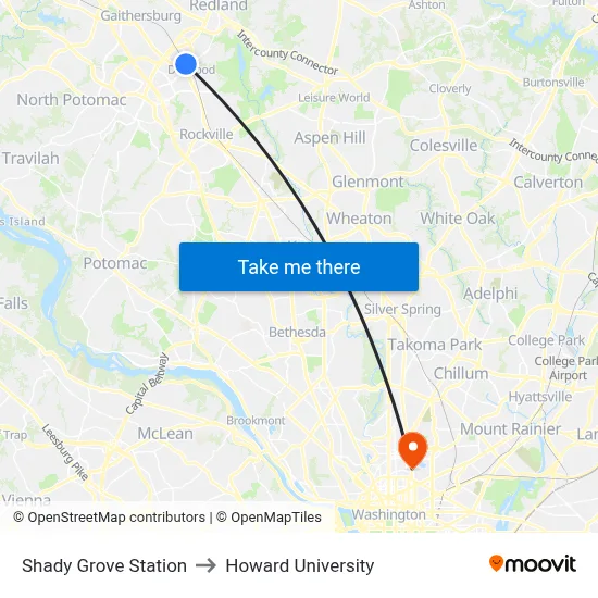 Shady Grove Station to Howard University map