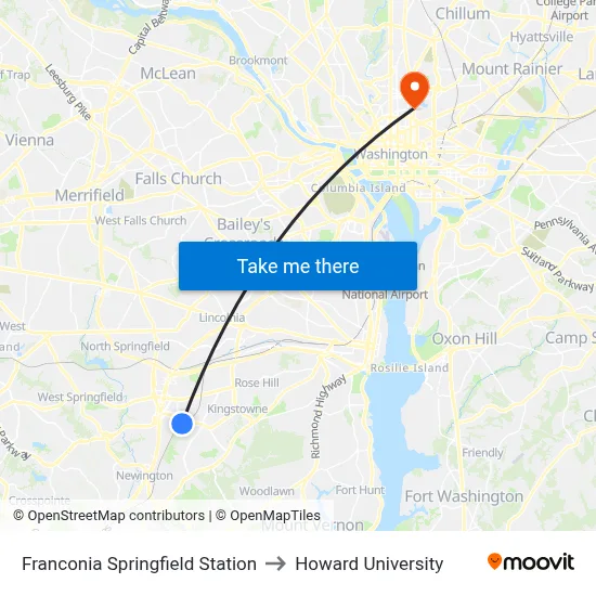 Franconia Springfield Station to Howard University map