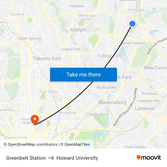 Greenbelt Station to Howard University map