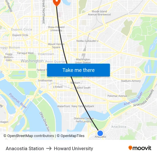 Anacostia Station to Howard University map