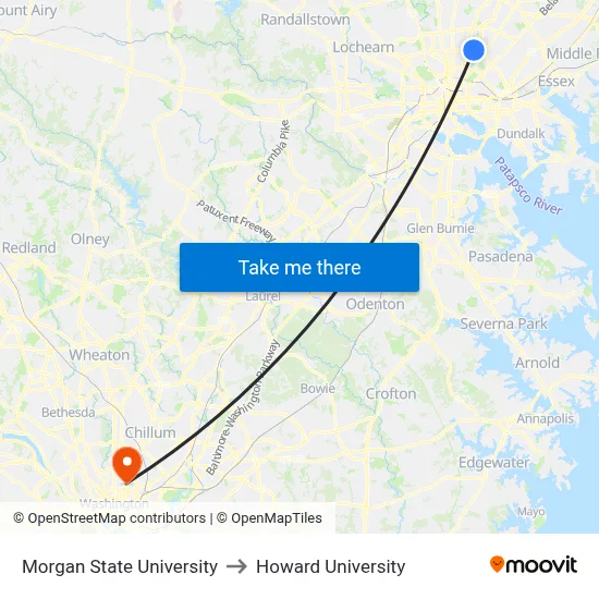 Morgan State University to Howard University map