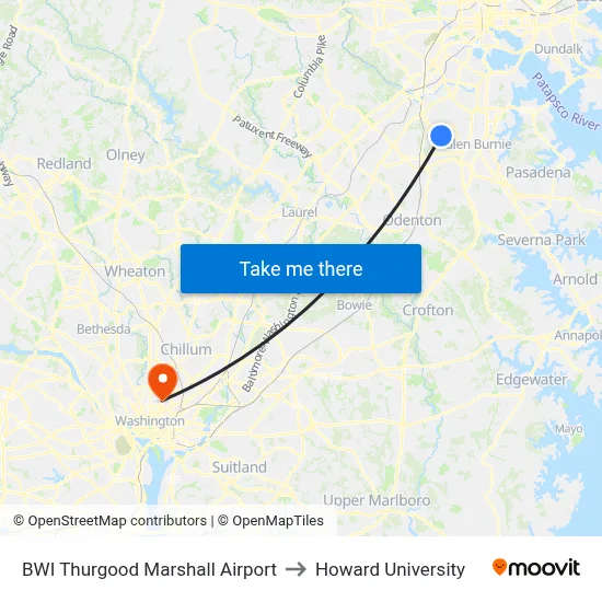 BWI Thurgood Marshall Airport to Howard University map