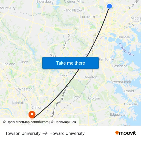 Towson University, 8000 York Rd to Howard University map