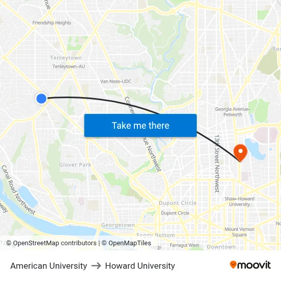 American University to Howard University map