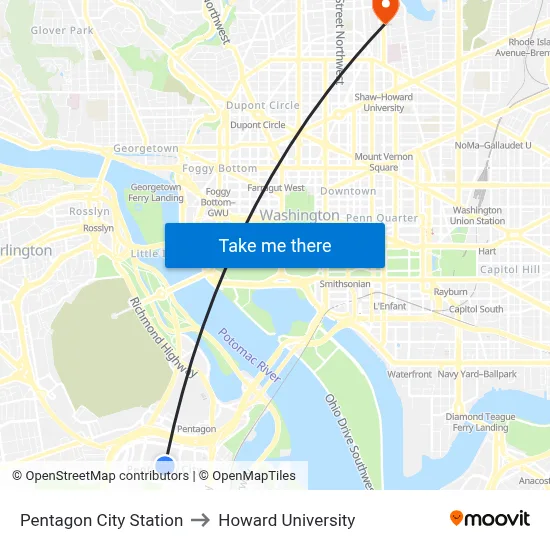 Pentagon City Station, Pentagon City Station, 1250 S Hayes St, Arlington, VA 22202, USA to Howard University map