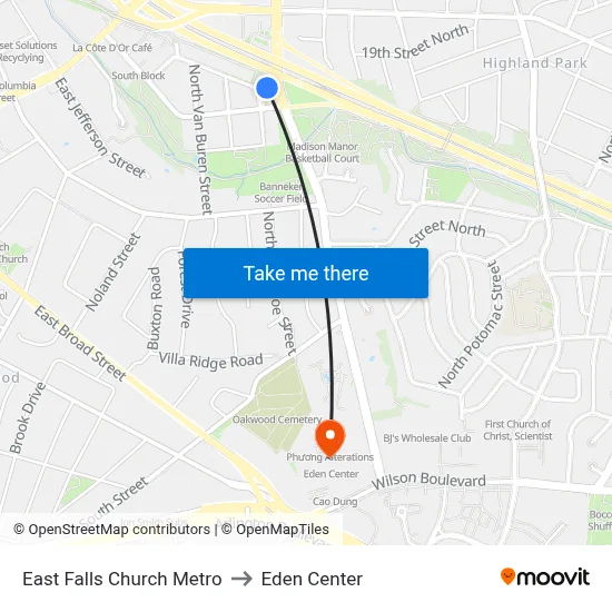 East Falls Church Metro to Eden Center map