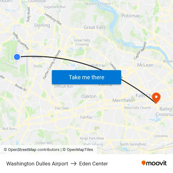 Washington Dulles Airport to Eden Center map