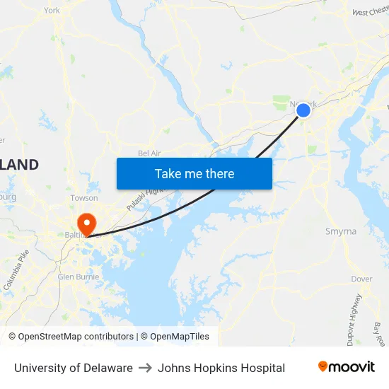 University of Delaware to Johns Hopkins Hospital map