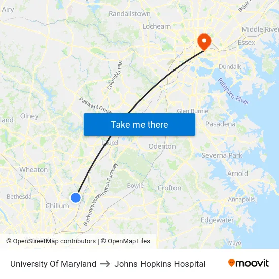 University Of Maryland to Johns Hopkins Hospital map