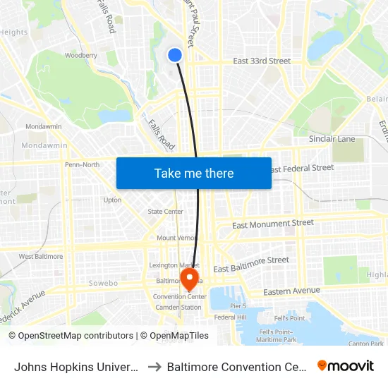 Johns Hopkins University to Baltimore Convention Center map