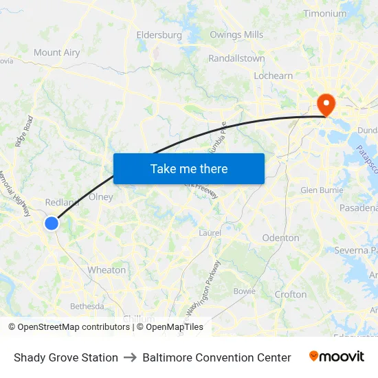 Shady Grove Station to Baltimore Convention Center map