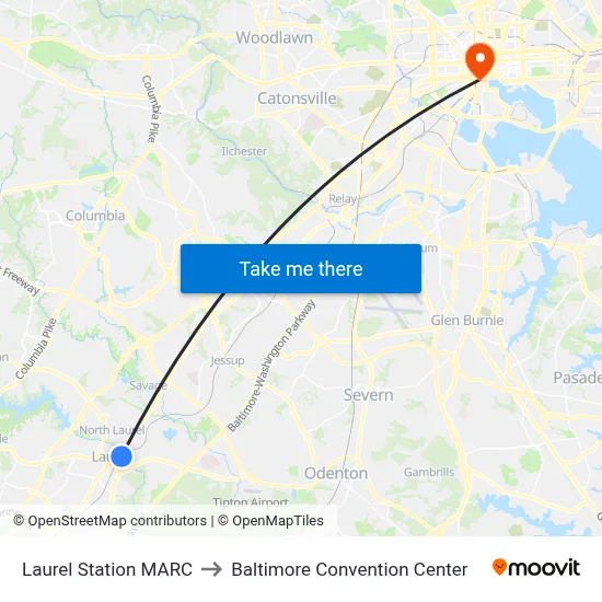 Laurel Station MARC to Baltimore Convention Center map