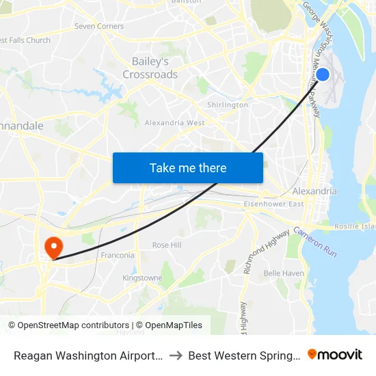 Reagan Washington Airport DCA to Best Western Springfield map