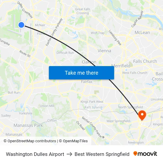 Washington Dulles Airport to Best Western Springfield map