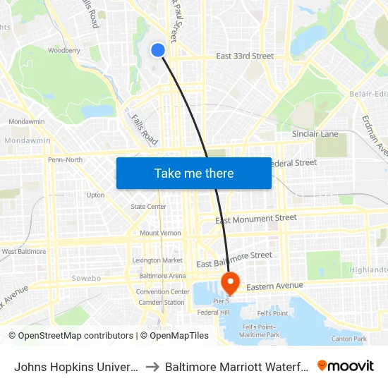 Johns Hopkins University to Baltimore Marriott Waterfront map
