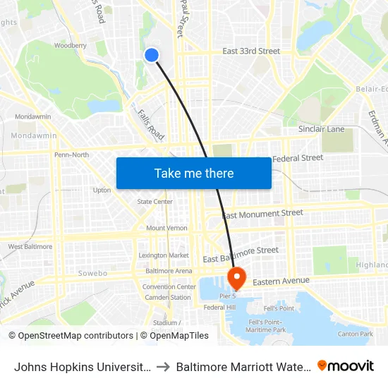 Johns Hopkins University Olin to Baltimore Marriott Waterfront map