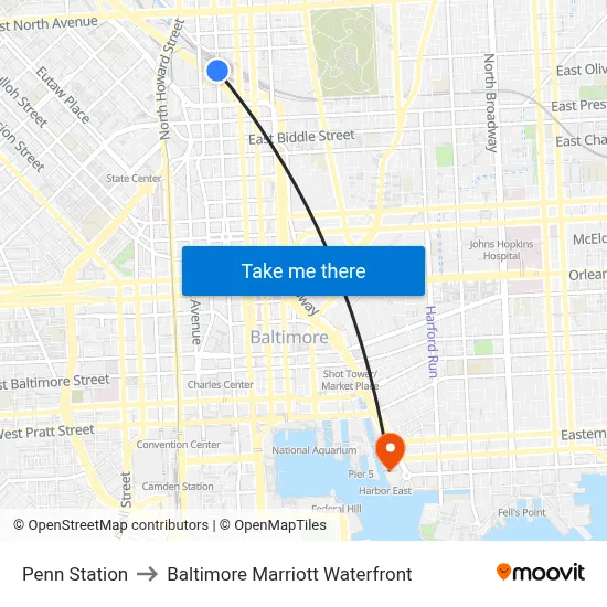 Penn Station to Baltimore Marriott Waterfront map