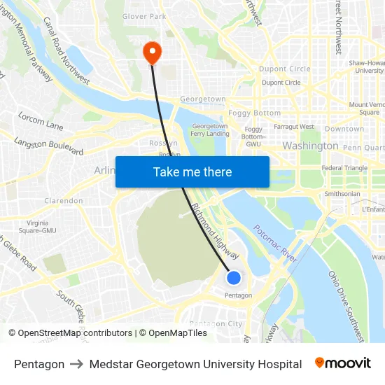 Pentagon to Medstar Georgetown University Hospital map