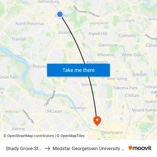 Shady Grove Station to Medstar Georgetown University Hospital map