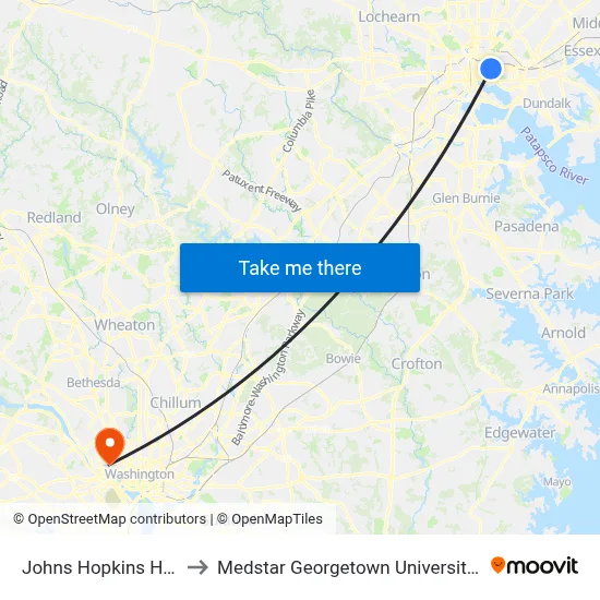 Johns Hopkins Hospital to Medstar Georgetown University Hospital map