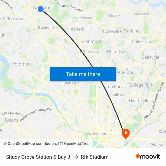 Shady Grove Station  & Bay J to Rfk Stadium map