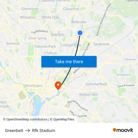 Greenbelt to Rfk Stadium map