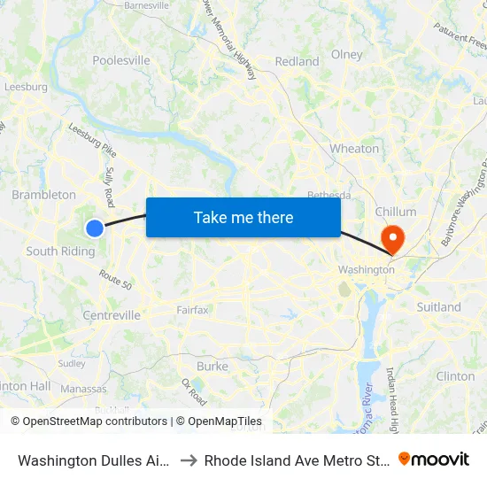 Washington Dulles Airport to Rhode Island Ave Metro Station map